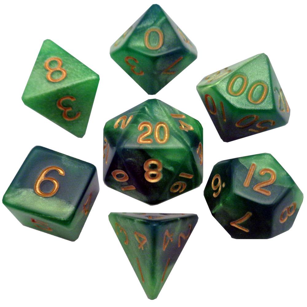 16mm Acrylic Poly dice set- Green/Light Green w/ Gold Numbers