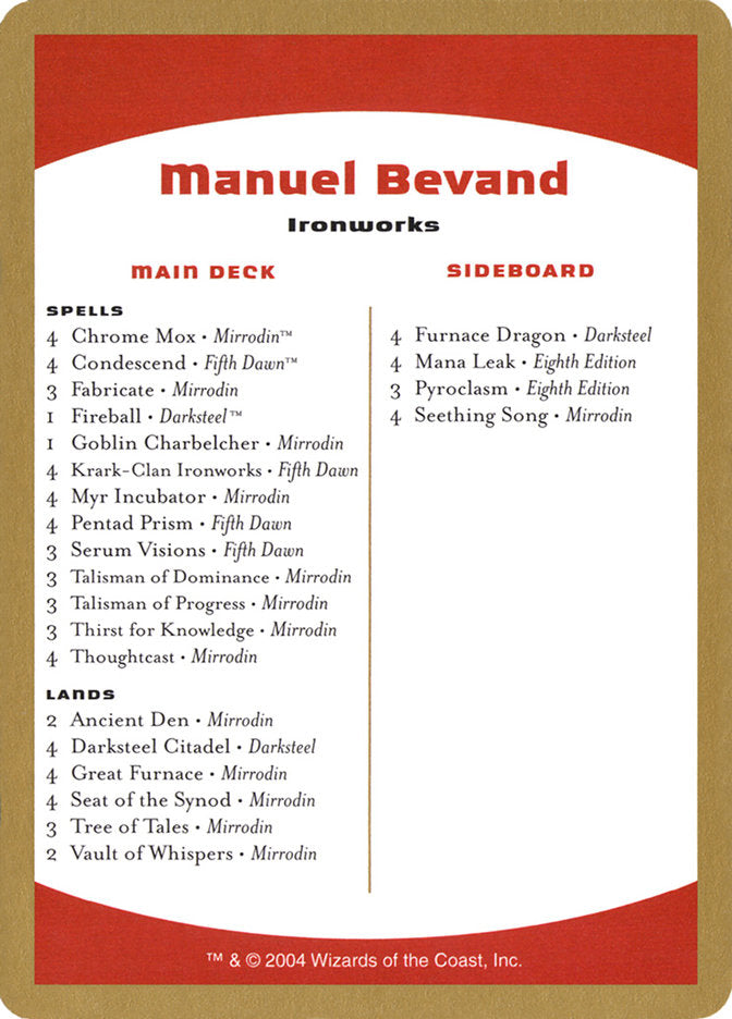 Manuel Bevand Decklist [World Championship Decks 2004] | Card Merchant Takapuna