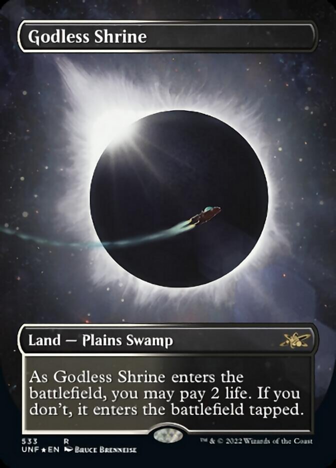 Godless Shrine (Borderless) (Galaxy Foil) [Unfinity] | Card Merchant Takapuna