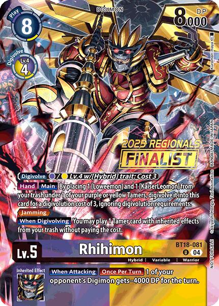 Rhihimon [BT18-081] (2025 Regionals Finalist) [Release Special Booster Ver.2.0 Promos] | Card Merchant Takapuna