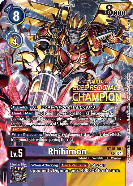 Rhihimon [BT18-081] (2025 Regionals Champion) [Release Special Booster Ver.2.0 Promos] | Card Merchant Takapuna