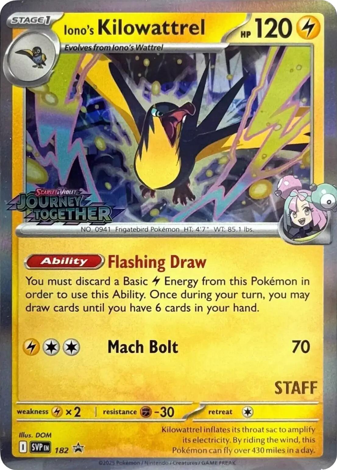 Iono's Kilowattrel (182) (Prerelease Staff) [Scarlet & Violet: Black Star Promos] | Card Merchant Takapuna
