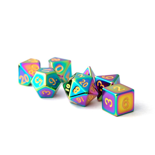 MDG – Metal Dice: Torched Rainbow with Gold Numbers 16mm Poly Set