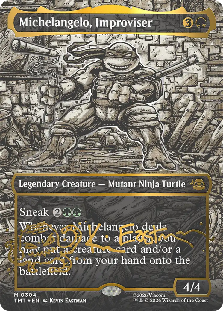 Michelangelo, Improviser (Borderless) (Gold-Stamped Signature) [Teenage Mutant Ninja Turtles] | Card Merchant Takapuna