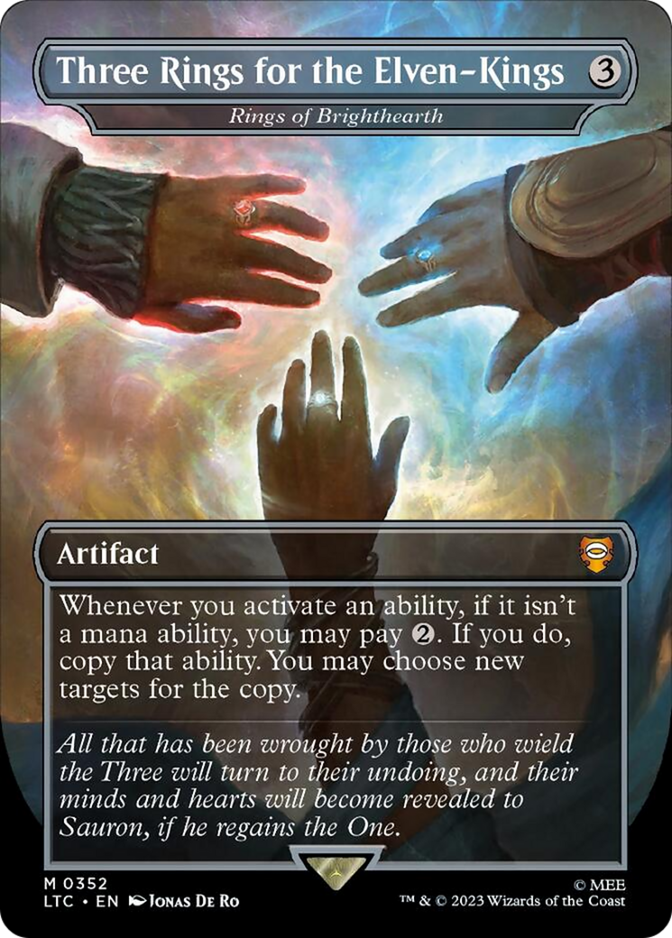 Three Rings for the Elven-Kings - Rings of Brighthearth (Borderless) (Surge Foil) [The Lord of the Rings: Tales of Middle-Earth Commander] | Card Merchant Takapuna