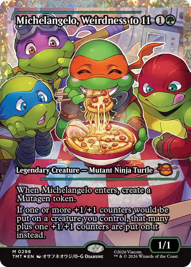 Michelangelo, Weirdness to 11 (Showcase) (Fracture Foil) [Teenage Mutant Ninja Turtles] | Card Merchant Takapuna