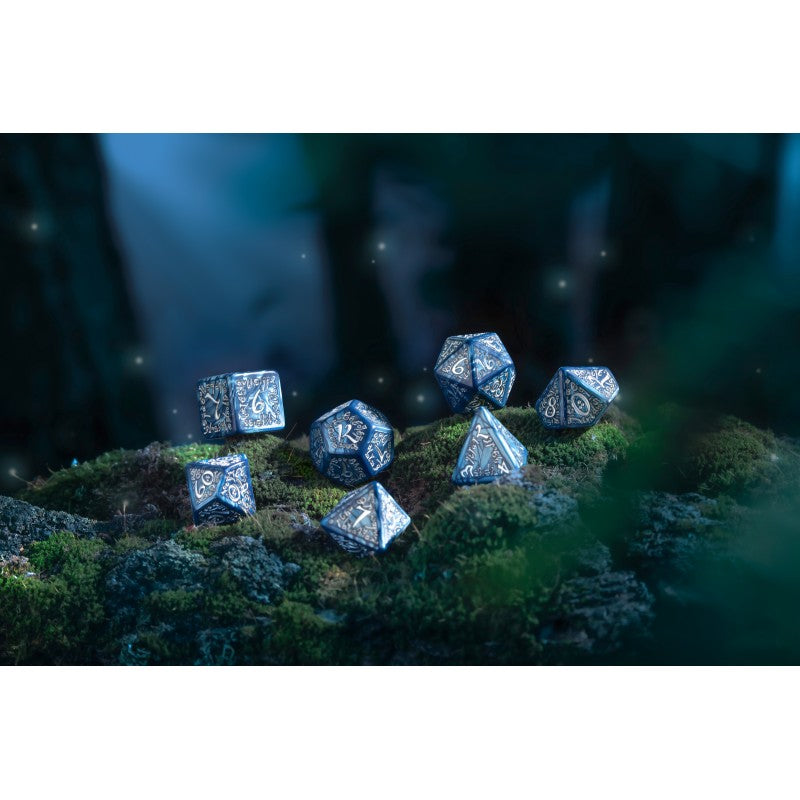 Q Workshop Elvish Dice Set - Cobalt & Silver Dice Set 7 | Card Merchant Takapuna