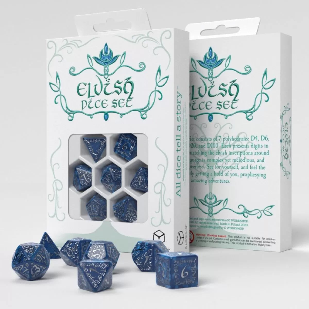 Q Workshop Elvish Dice Set - Cobalt & Silver Dice Set 7 | Card Merchant Takapuna