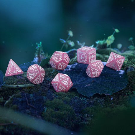 Q Workshop Elvish Dice Set - Shimmering Pink & White Dice Set 7 | Card Merchant Takapuna