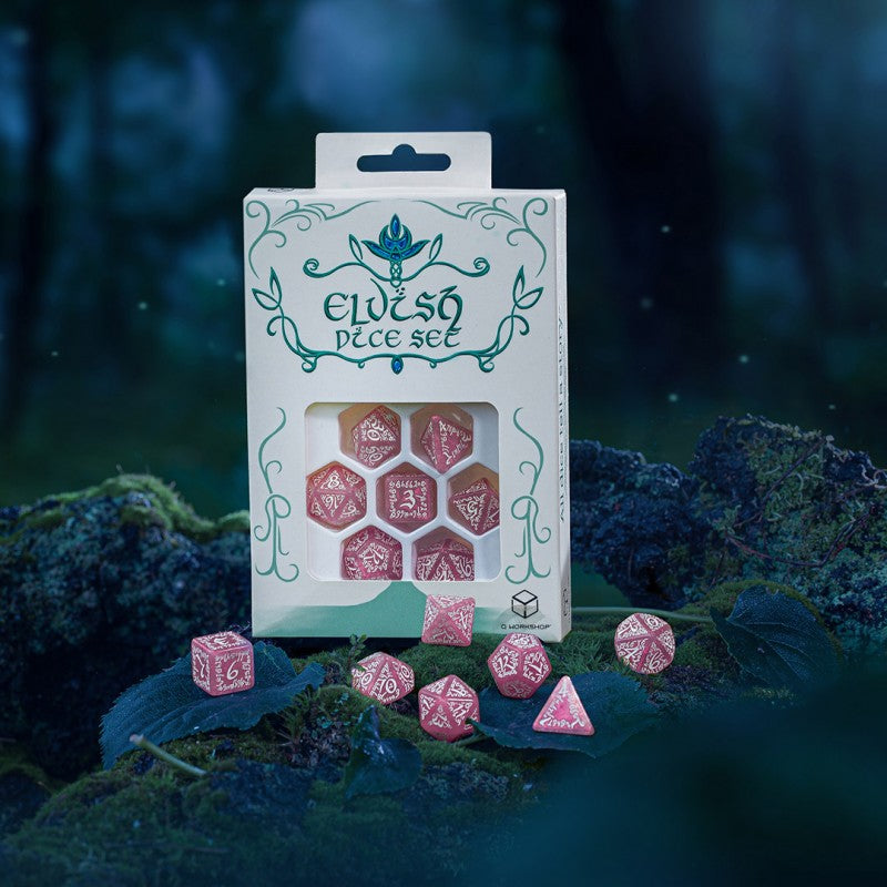 Q Workshop Elvish Dice Set - Shimmering Pink & White Dice Set 7 | Card Merchant Takapuna