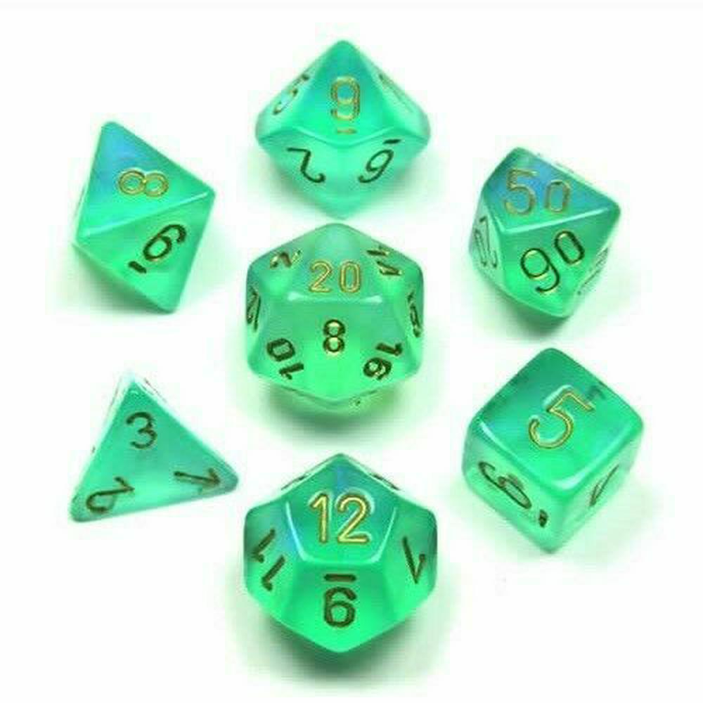 Chessex 7-Die Polyhedral Set - Borealis  (Light green/Gold) | Card Merchant Takapuna