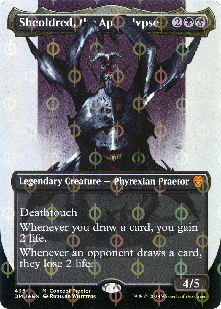Sheoldred, the Apocalypse (Borderless Concept Praetors Step-and-Compleat Foil) [Phyrexia: All Will Be One] | Card Merchant Takapuna