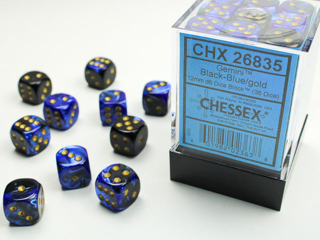 Chessex 12mm d6 Set: Gemini - Black-Blue w/Gold Dice (36) | Card Merchant Takapuna