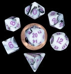 Mini Polyhedral Dice Set: Marble with Purple Numbers | Card Merchant Takapuna