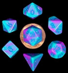 Mini Polyhedral Dice Set: Purple/Teal w/ Blue Numbers | Card Merchant Takapuna