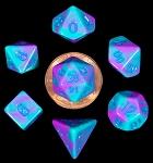 Mini Polyhedral Dice Set: Purple/Teal w/ Blue Numbers | Card Merchant Takapuna