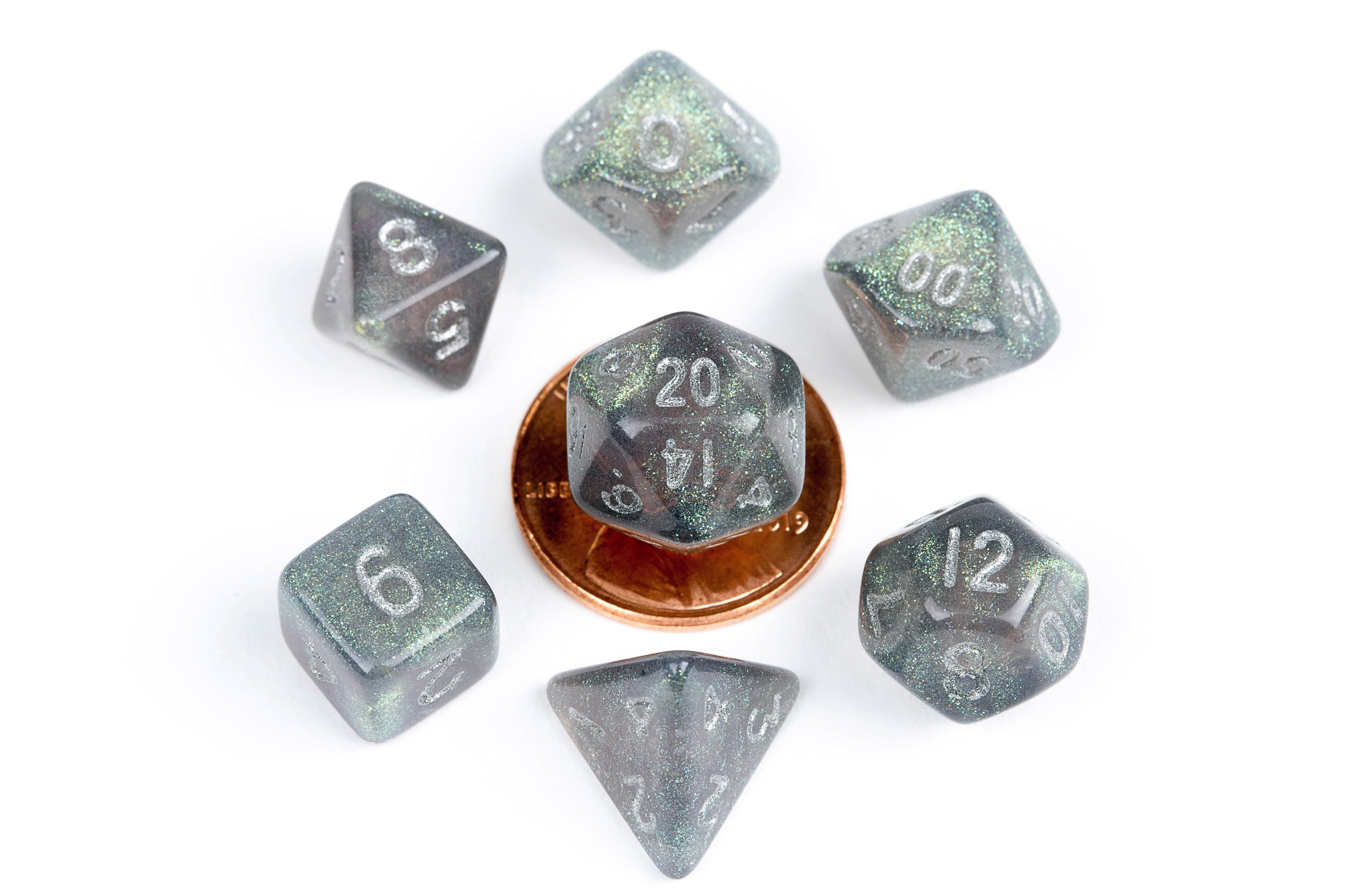 Mini Polyhedral Dice Set: Stardust Gray with Silver Numbers | Card Merchant Takapuna