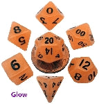 Mini Polyhedral Dice Set: Glow Orange with Black Numbers | Card Merchant Takapuna