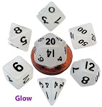 Mini Polyhedral Dice Set: Glow Clear with Black Numbers | Card Merchant Takapuna