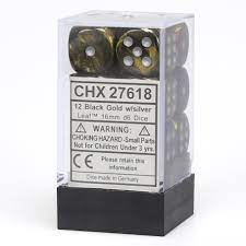 Chessex - Signature 16mm D6 (12 Dice) Leaf Black Gold/Silver | Card Merchant Takapuna