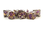 Resin Polyhedral Dice Set: Gray w/ Gold Foil, Purple Numbers | Card Merchant Takapuna