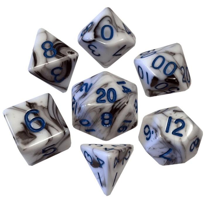 Mini Polyhedral Dice Set: Marble with Blue Numbers | Card Merchant Takapuna