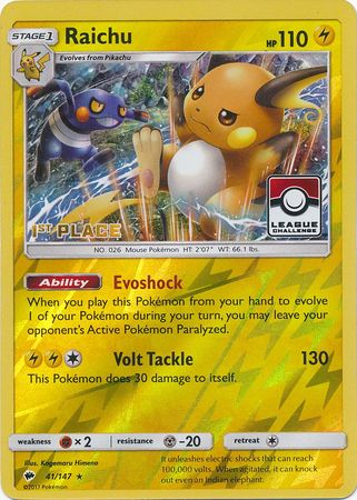 Raichu (41/147) (League Promo 1st Place) [Sun & Moon: Burning Shadows] | Card Merchant Takapuna
