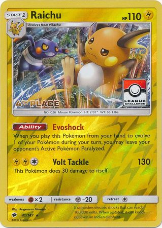 Raichu (41/147) (League Promo 4th Place) [Sun & Moon: Burning Shadows] | Card Merchant Takapuna