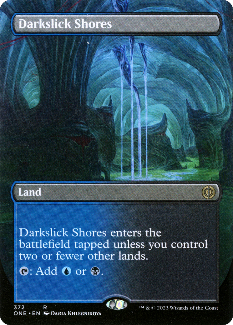 Darkslick Shores (Borderless Alternate Art) [Phyrexia: All Will Be One] | Card Merchant Takapuna