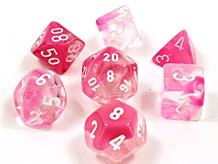 Polyhedral 7-Die Set: Gemini: Clear Pink/White Luminary | Card Merchant Takapuna
