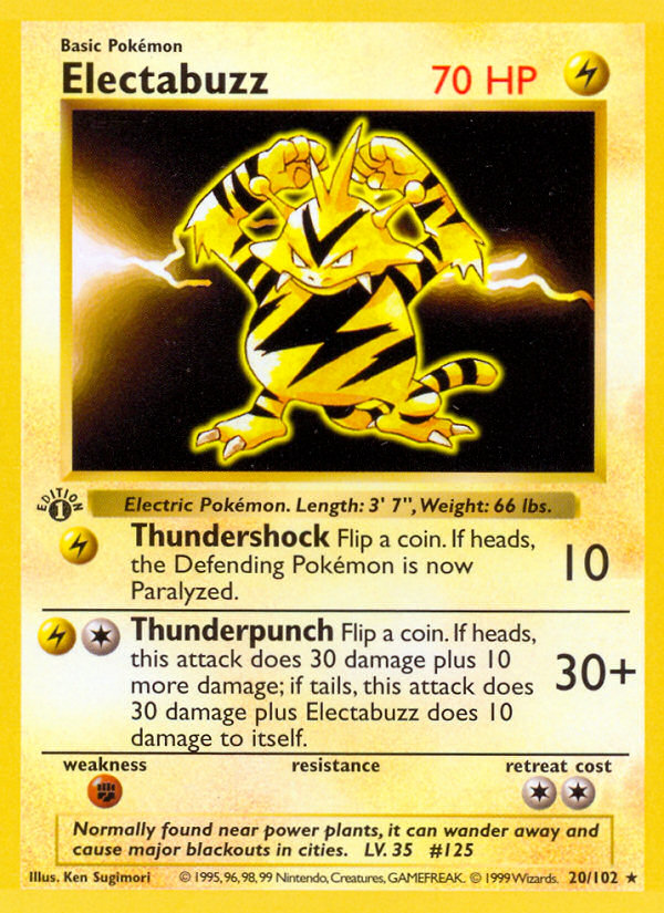 Electabuzz (20/102) (Shadowless) [Base Set 1st Edition] | Card Merchant Takapuna
