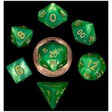 Mini Polyhedral Dice Set: Green/Light Green w/Gold Numbers | Card Merchant Takapuna