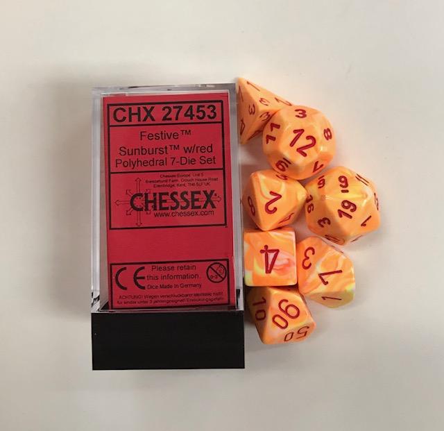 Chessex 7-Die Polyhedral Set - Festive  (Sunburst w/Red) | Card Merchant Takapuna