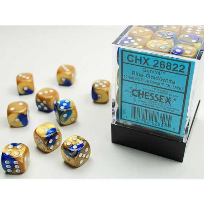 Chessex 12mm d6 Set: Gemini - Blue-Gold w/White Dice (36) | Card Merchant Takapuna