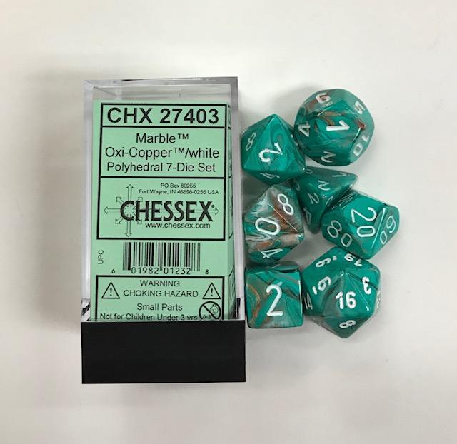Chessex 7-Die Polyhedral Set - Marble (Oxi-copper/White) | Card Merchant Takapuna
