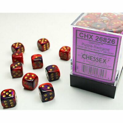 Chessex 12mm d6 Set: Gemini - Purple-Red w/Gold Dice (36) | Card Merchant Takapuna