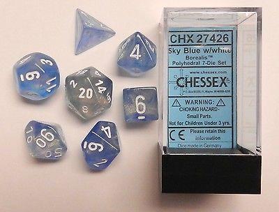 Chessex 7-Die Polyhedral Set - Borealis  (Sky blue/White) | Card Merchant Takapuna